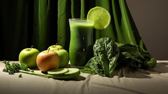зелен сок от ябълки на маса до ябълки